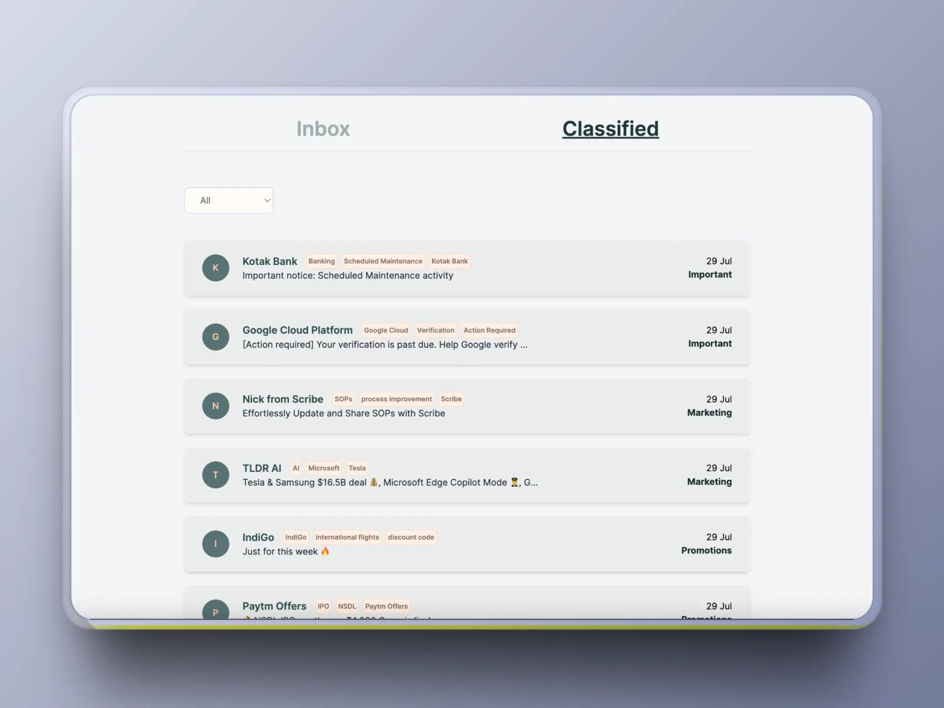 Screenshot of Classify Email project