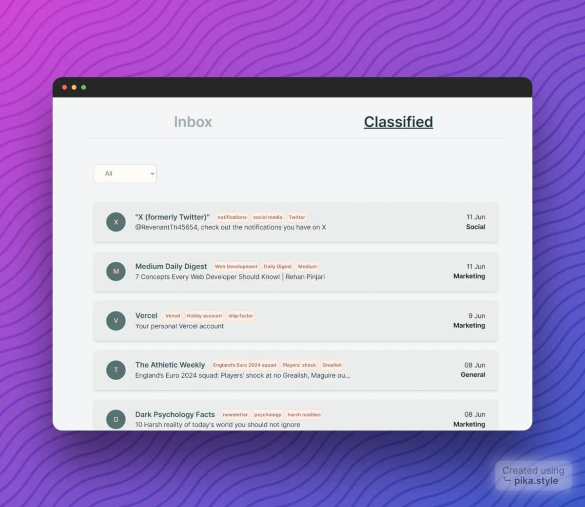 Screenshot of Classify Email project